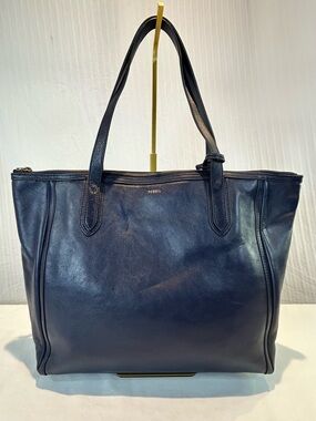 Fossil "Sydney" Navy Leather Shopper Tote Zip-top Brass Hardware
